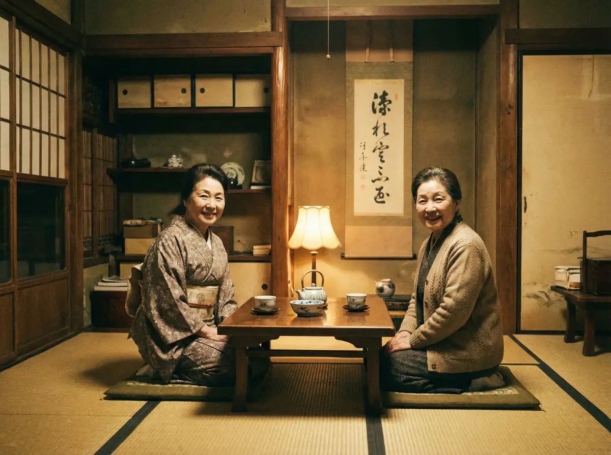 两位优雅的 亚洲 在日式茶室中品茶交谈